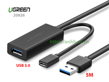 Cáp nối dài USB 3.0 dài 5M Ugreen 20826, hỗ trợ nguồn Micro USB