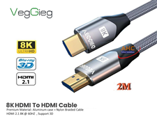 Dây cáp HDMI 2.1 8K dài 2M cho tivi, máy chiếu VegGieg V-H403 - Độ phân giải 8K@60Hz