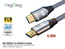 Dây cáp HDMI 2.1 8K Veggieg V-H402 dài 1.5M - Kết nối laptop tới tivi, máy chiếu độ phân giải 8K@60Hz