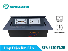 Hộp ổ cắm điện âm bàn Sinoamigo STS-212GST-2B màu đen. Tích hợp 3 ổ điện, 1 cổng sạc USB
