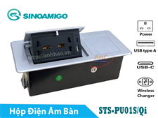 Hộp ổ cắm điện âm bàn Sinoamigo STS-PU01S/Qi, tích hợp sạc không dây 15W, cổng sạc USB type C