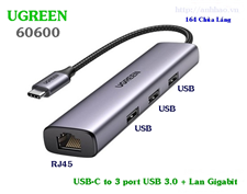 Hub chia USB-C sang 3 cổng USB 3.0 Type-A kèm Lan Gigabit chính hãng Ugreen 60600
