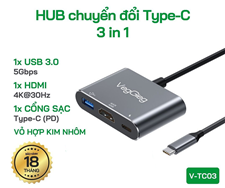 Hub chuyển đổi USB-C đa năng, cổng HDMI 4K, USB 3.0, sạc PD - Veggieg V-TC03