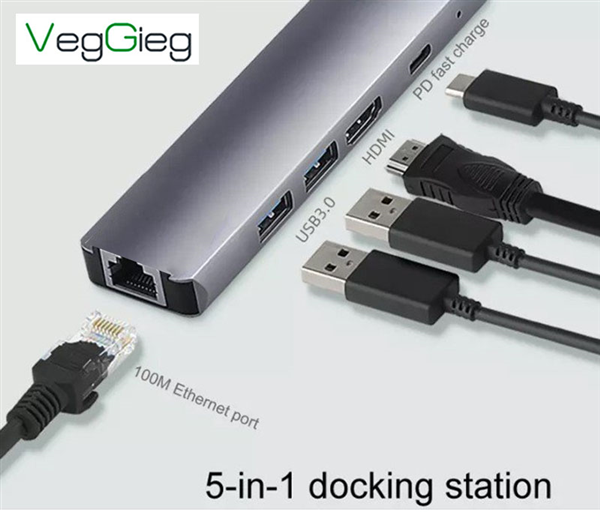 Hub USB type C 5 trong 1 VegGieg V-TC05R - Chuyển đổi USB type C sang HDMI, RJ45, USB 3.0, USB -C PD