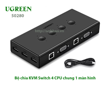 KVM Switch 4 cổng VGA, USB Ugreen 50280 - Thiết bị gộp 4 máy tính dùng chung 1 màn hình qua cổng VGA