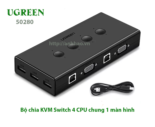 KVM Switch 4 cổng VGA, USB Ugreen 50280 - Thiết bị gộp 4 máy tính dùng chung 1 màn hình qua cổng VGA