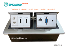 Ổ cắm âm sàn đôi Sinoamigo SPU-52S inox đúc nguyên tấm - Lắp 1 điện, 2 HDMI, 1 USB data, 1 Audio 3.5mm