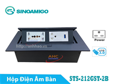 Ổ cắm điện âm bàn Sinoamigo STS-212GST-2B đen. Tích hợp 3 ổ điện, 1 cổng USB data 3.0
