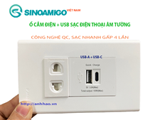 Ổ cắm USB type C âm tường kèm ổ điện Sinoamigo P21-QC1, công nghệ sạc nhanh QC 3.0
