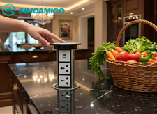 Ổ điện âm bàn đảo bếp hình trụ Sinoamigo SMT-4 màu bạc, đóng mở cảm ứng tự động, tích hợp sạc không dây