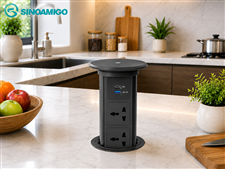 Ổ điện âm bàn đảo bếp nâng hạ tự động Sinoamigo SMT-6B màu đen, sạc không dây 15W