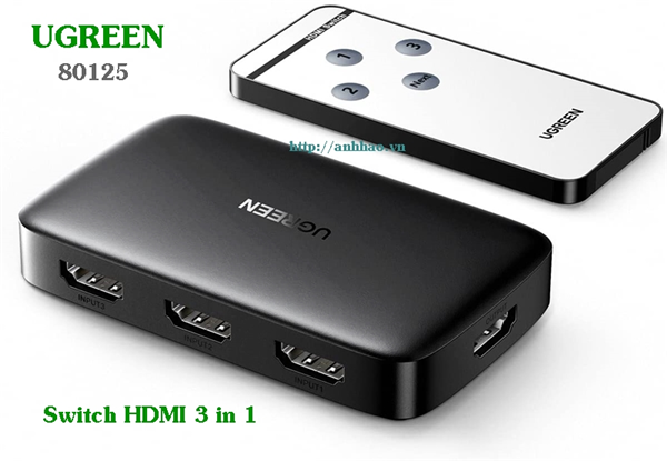 Switch HDMI 3 vào 1 ra Ugreen 80125 hỗ trợ 4K@30Hz 3D, 1080P (có điều khiển từ xa)