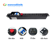 Thanh nguồn PDU 6 ổ cắm 3 chấu đa năng có đèn chuẩn 19 Inch kèm aptomat